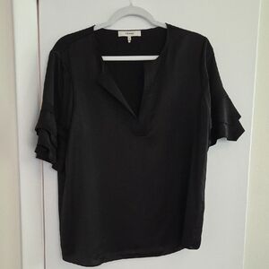 Frame Denim Black V-Neck Blouse with Ruffle Sleeves